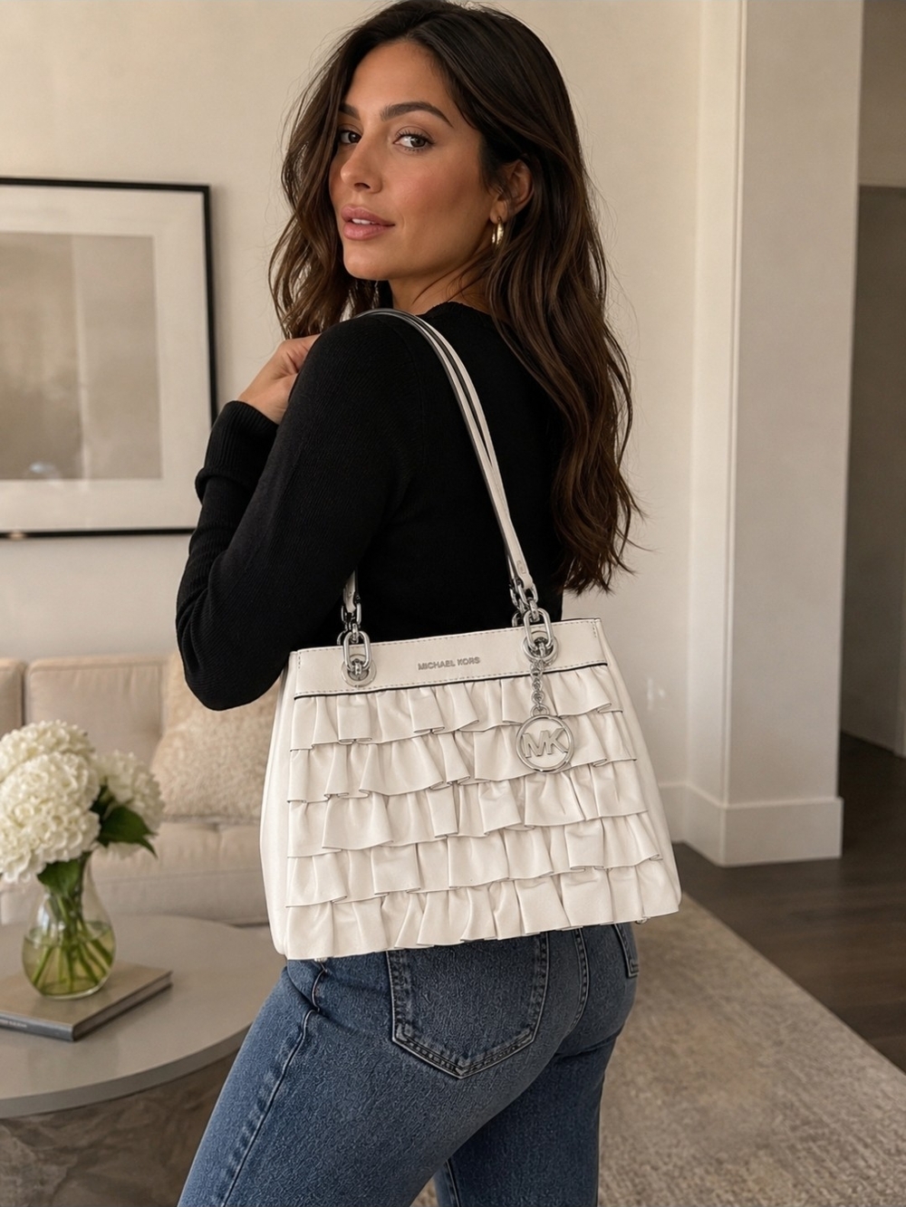 MICHAEL KORS Ivory Ruffle Leather Shoulder Bag ***NEVER USED***NEW